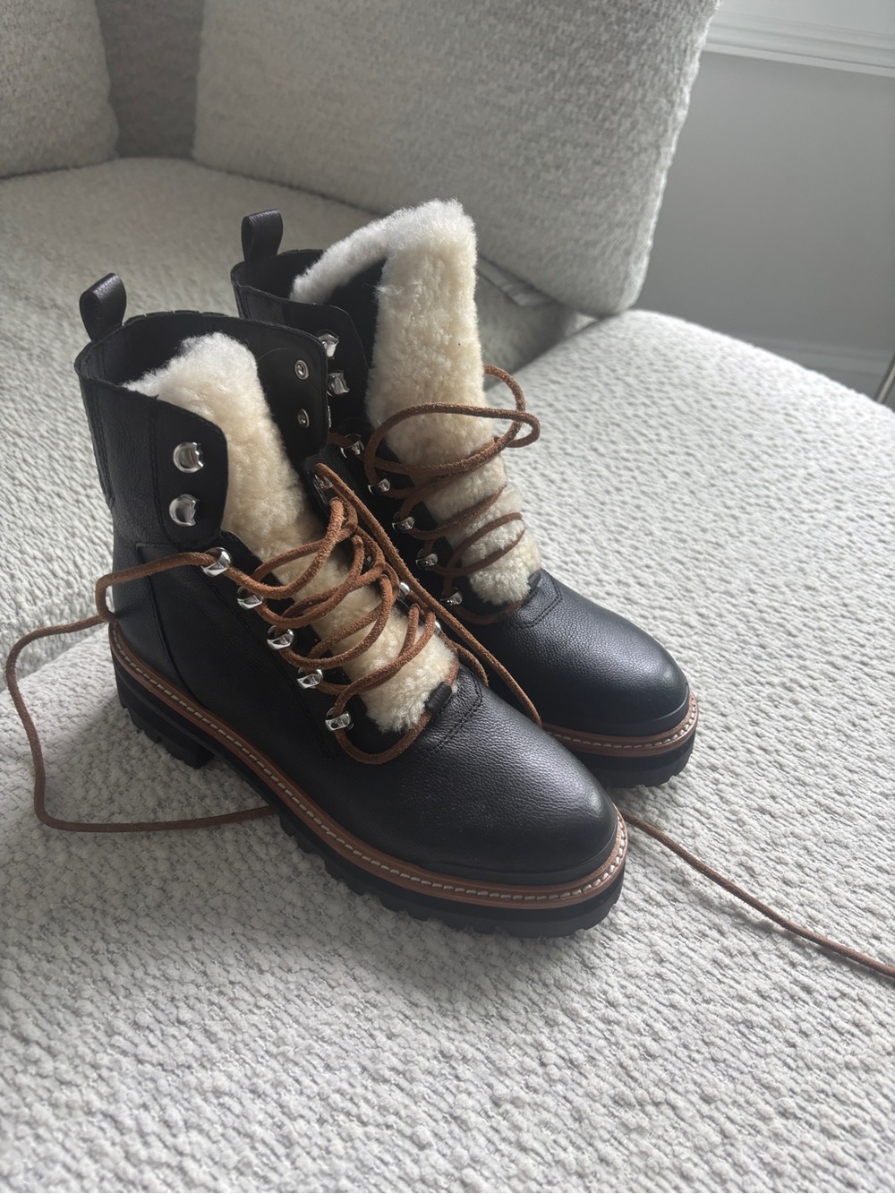 Marc Fisher Black Leather Lace-Up Boots with Cream Shearling